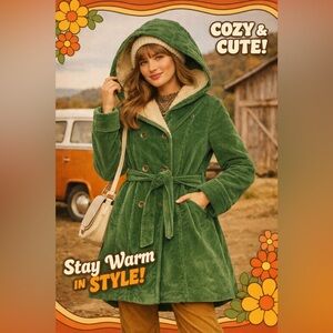 Vintage 70s Weatherbee Green Corduroy Fur Lined Longline Jacket Coat Belt Hood